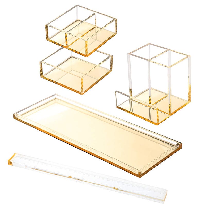 EXPUTRAN Acrylic Desk Organizer 4-Piece Desk Kit + Free Complimentary Acrylic Ruler, Desktop Organization for Office or Home (Gold) - Image 5